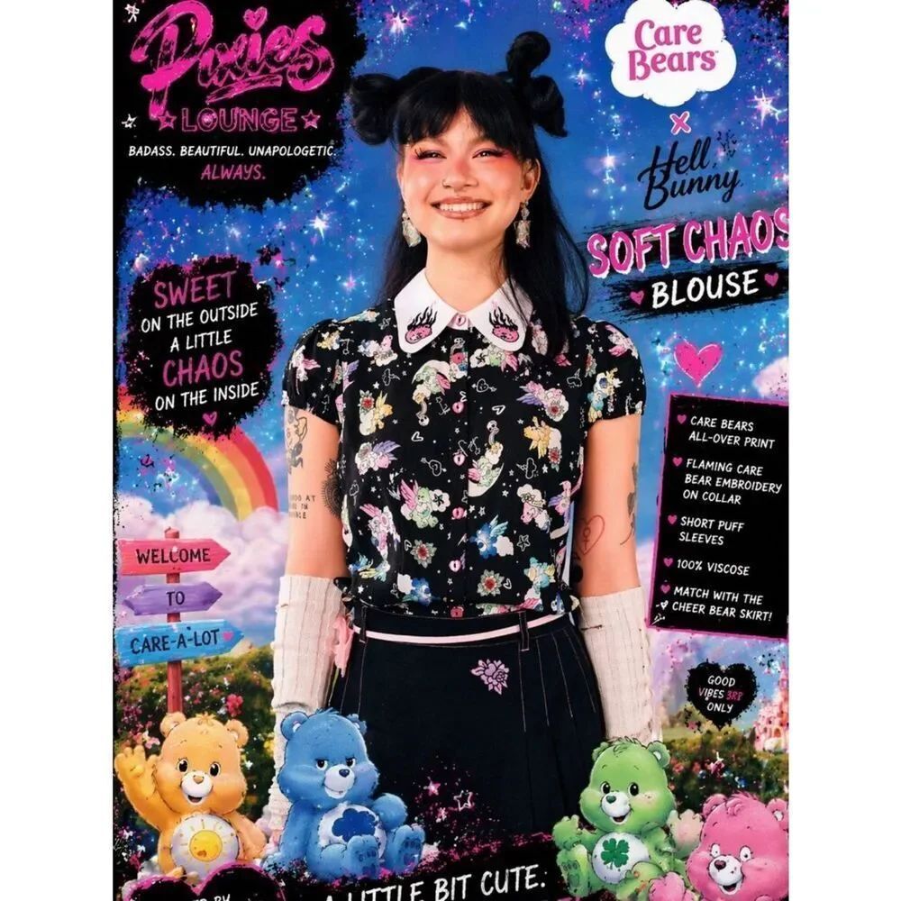 Care Bears x Hell Bunny Soft Chaos Multi Bear Roxi Collar Blouse